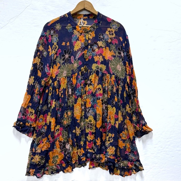 Free People Dresses & Skirts - Free People Floral Babydoll Tunic Dress XS Navy Boho Mini Swing Sheer Chiffon